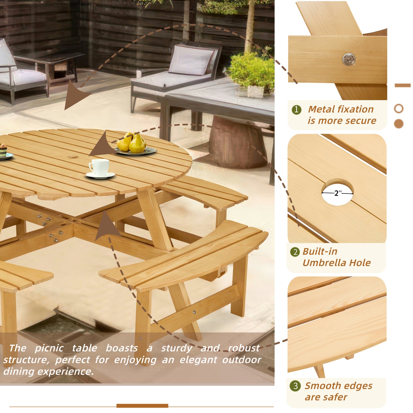 8 Person Round Picnic Table with Built-in Benches and Umbrella Hole for Garden Backyard Patio