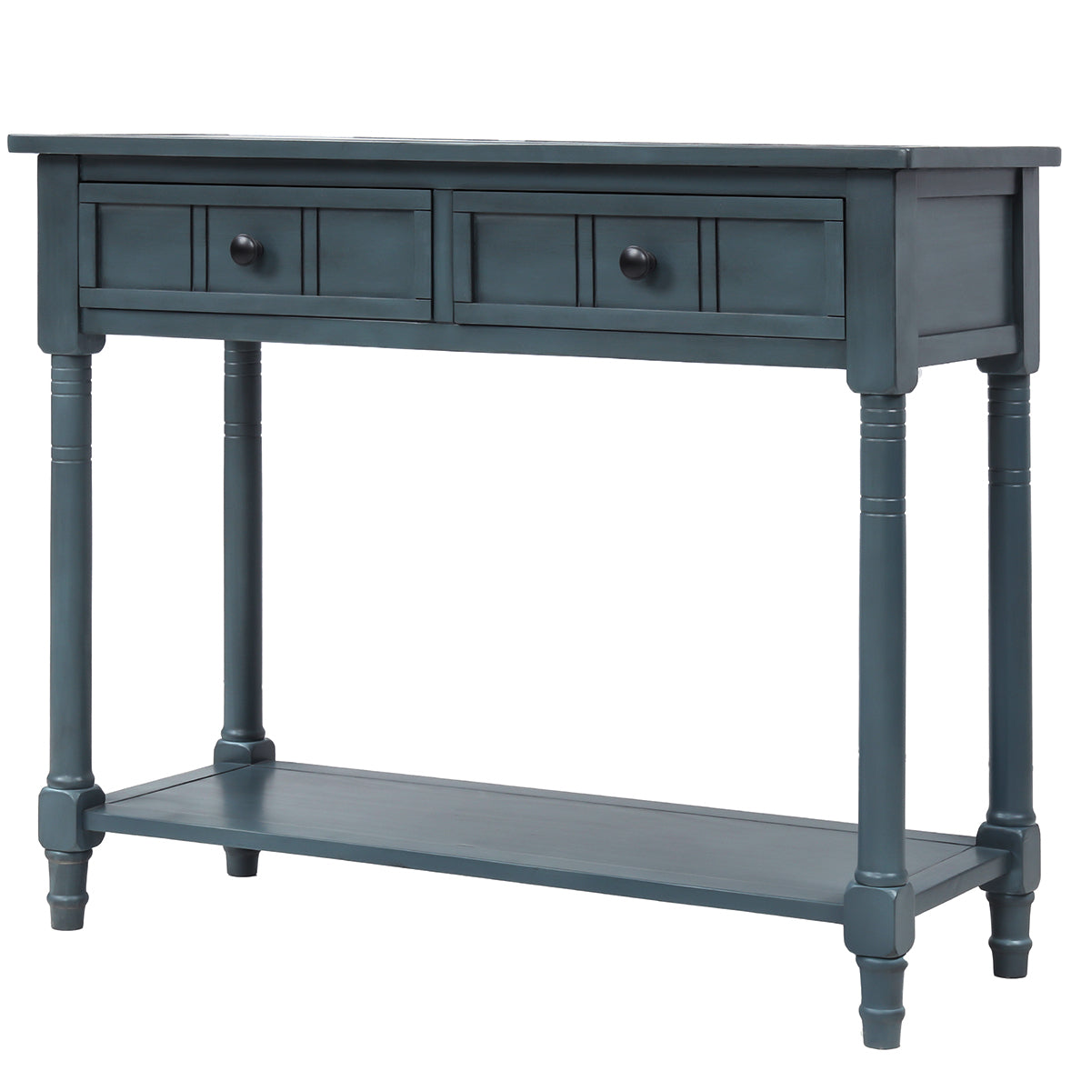 Traditional Console Table with Two Drawers and Bottom Shelf in Navy Finish