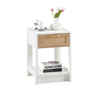 15.75 Inch Rattan End Table with Drawer Modern Nightstand Side Table for Living Room Bedroom White