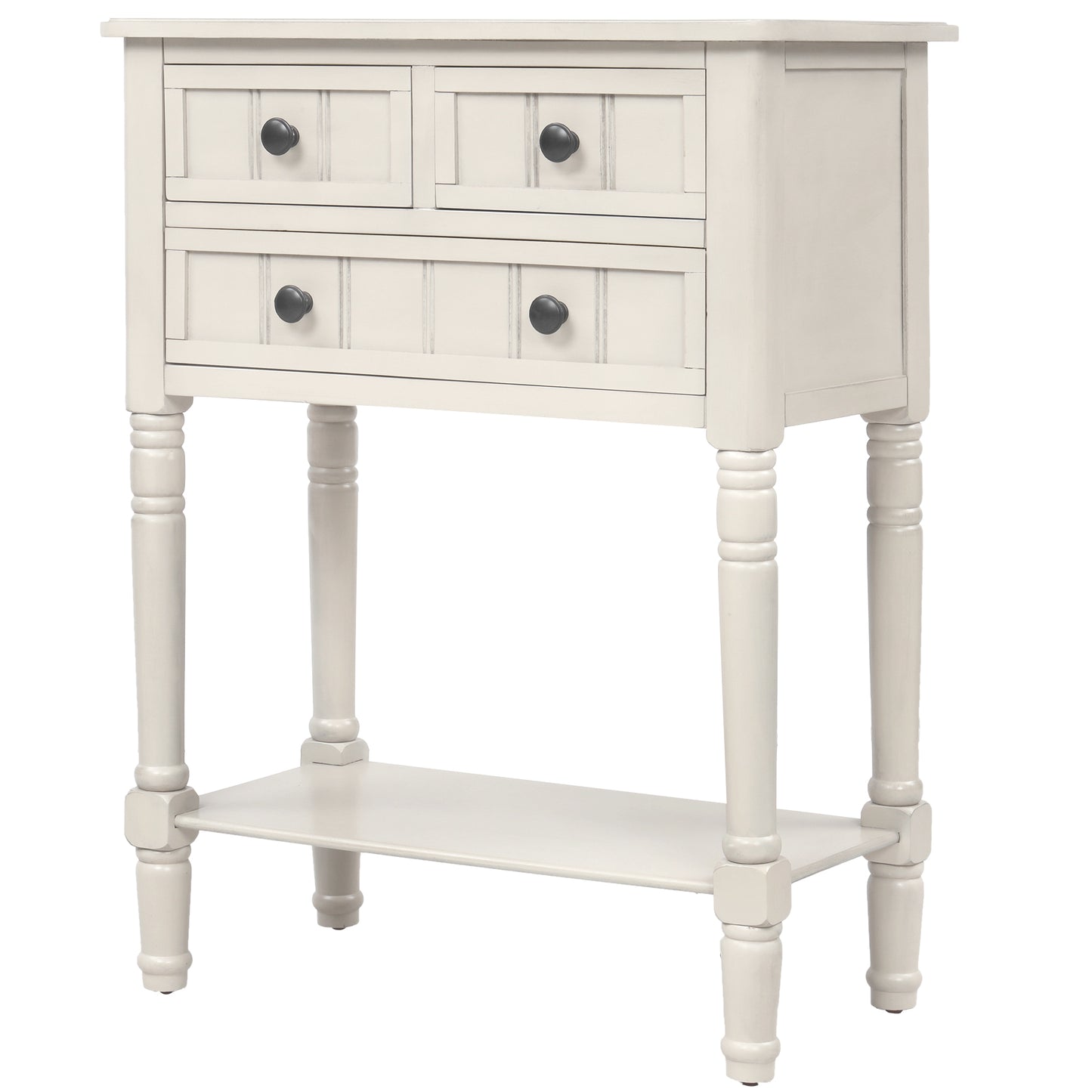 Slim Ivory White Console Table with 3 Storage Drawers and Bottom Shelf for Entryway or Living Room