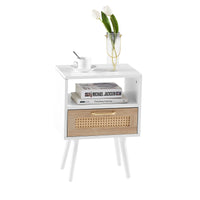 15.75 Inch Rattan End Table with Drawer Solid Wood Legs Modern Nightstand Side Table for Living Room Bedroom White