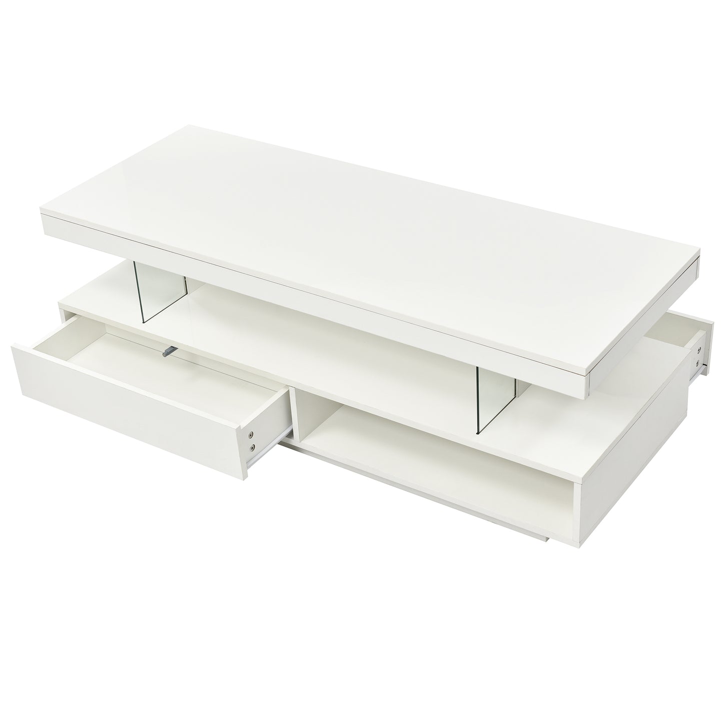 Modern LED Coffee Table with Storage and 2 Drawers, Accent Center Table with Display Shelves for Living Room, White