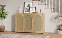 Retro 3-Door Accent Cabinet with Rattan Doors and Metal Handles Stylish Storage Solution for Living Room and Hallway Natural Wood Finish