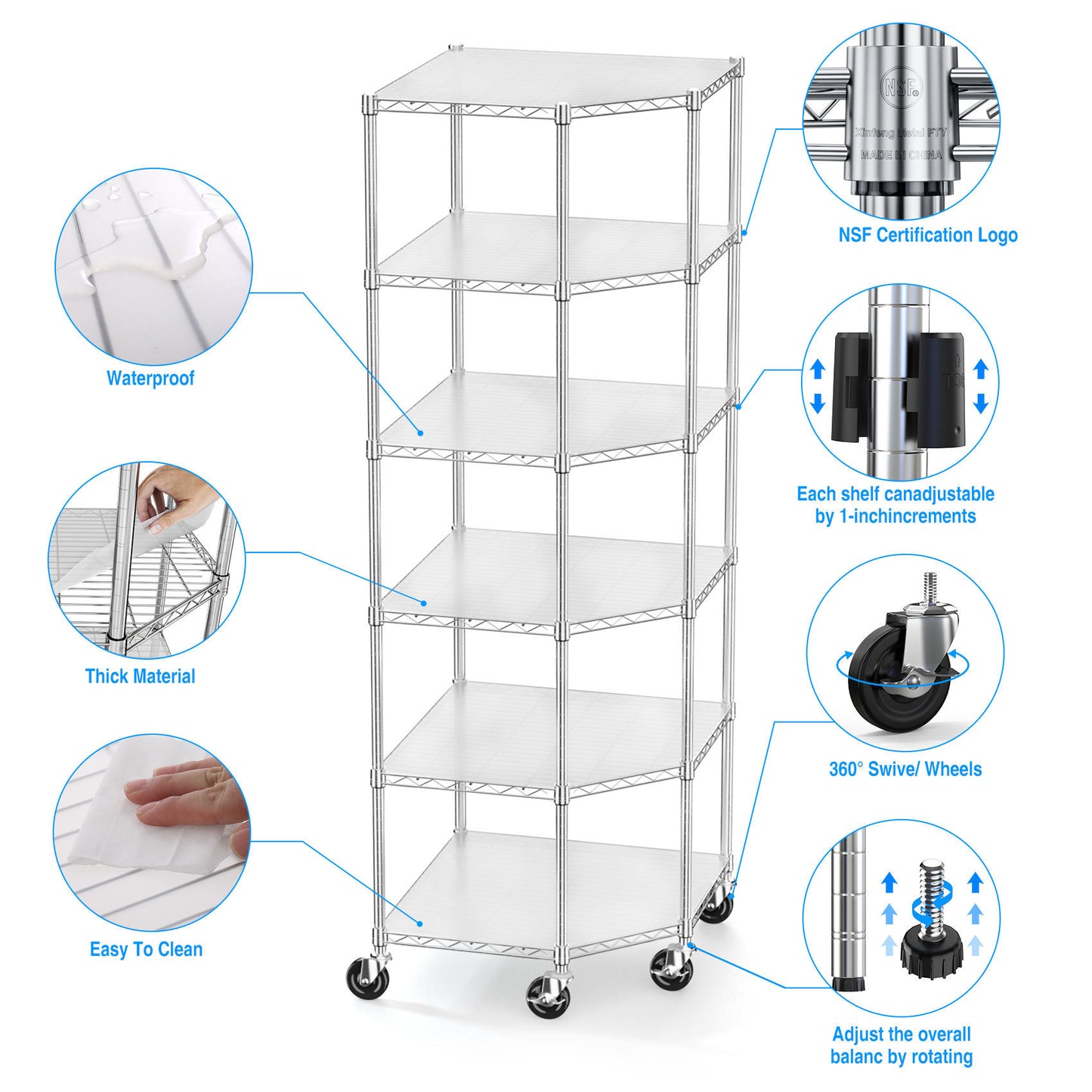 6 Tier Corner Wire Shelf Rack with Wheels Adjustable Metal Heavy Duty Free Standing Storage Display for Bathroom Living Room Kitchen Chrome