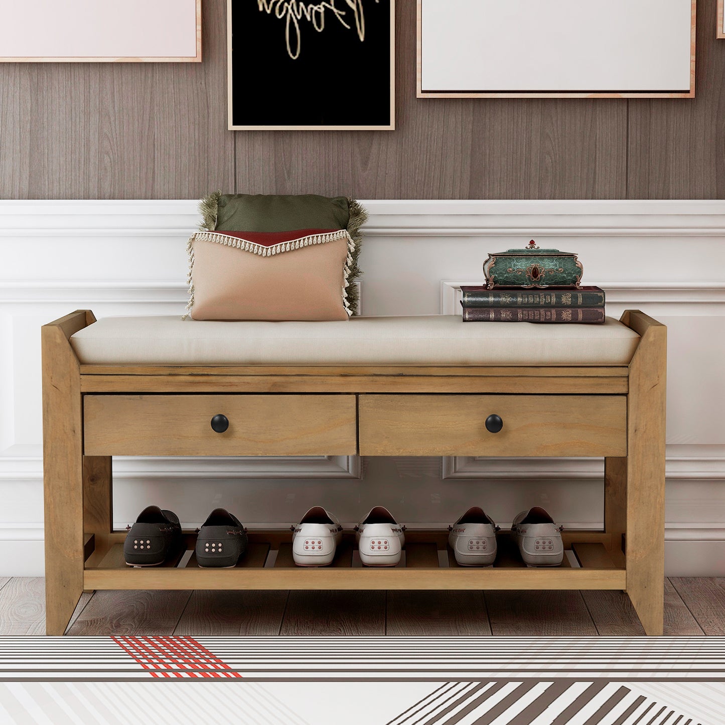 Multipurpose Entryway Storage Bench with Cushioned Seat and Drawers Old Pine Shoe Rack