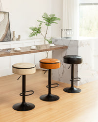 Khaki Faux Leather Adjustable Bar Stool Set of 2 360° Swivel Armless Counter Chairs with Metal Frame for Kitchen Dining Living Room