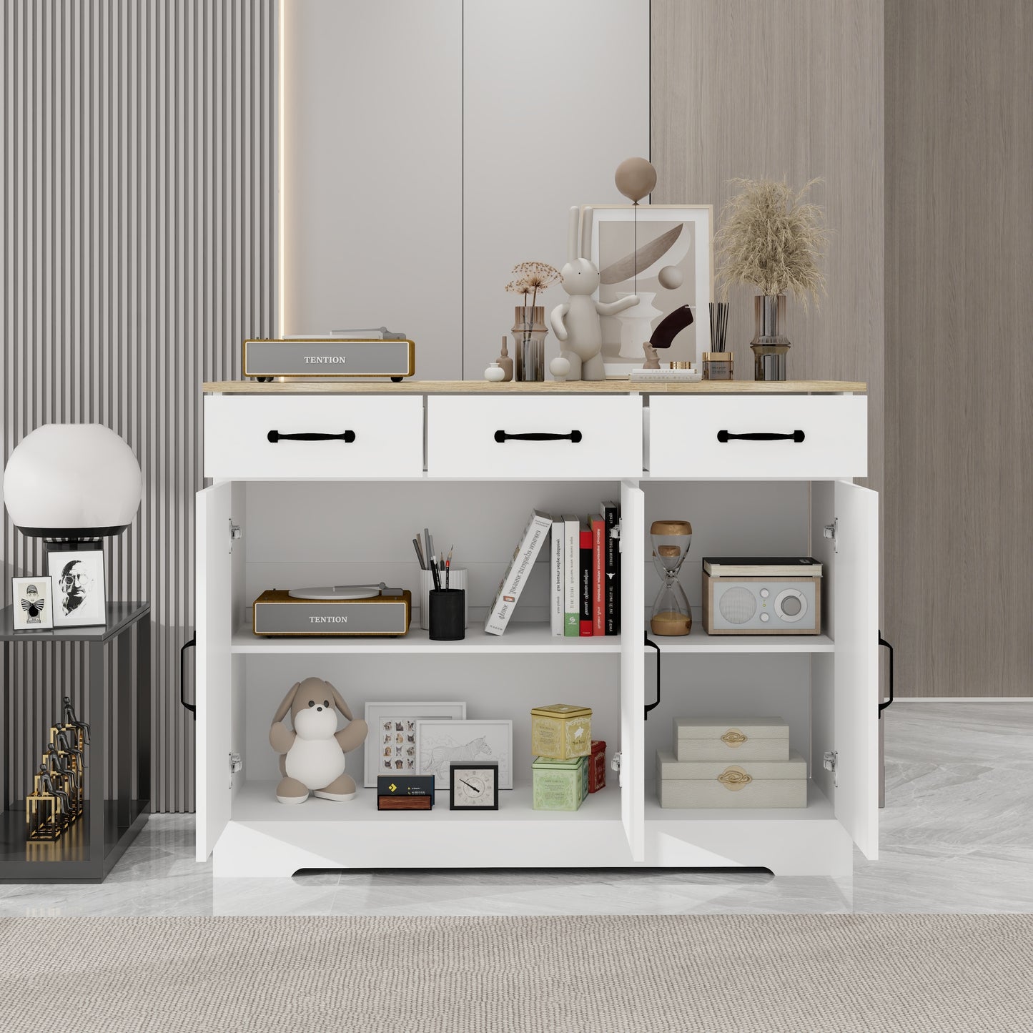 Farmhouse Buffet Cabinet Storage Sideboard with 3 Drawers and 3 Doors for Dining Living Room Kitchen Cupboard-White