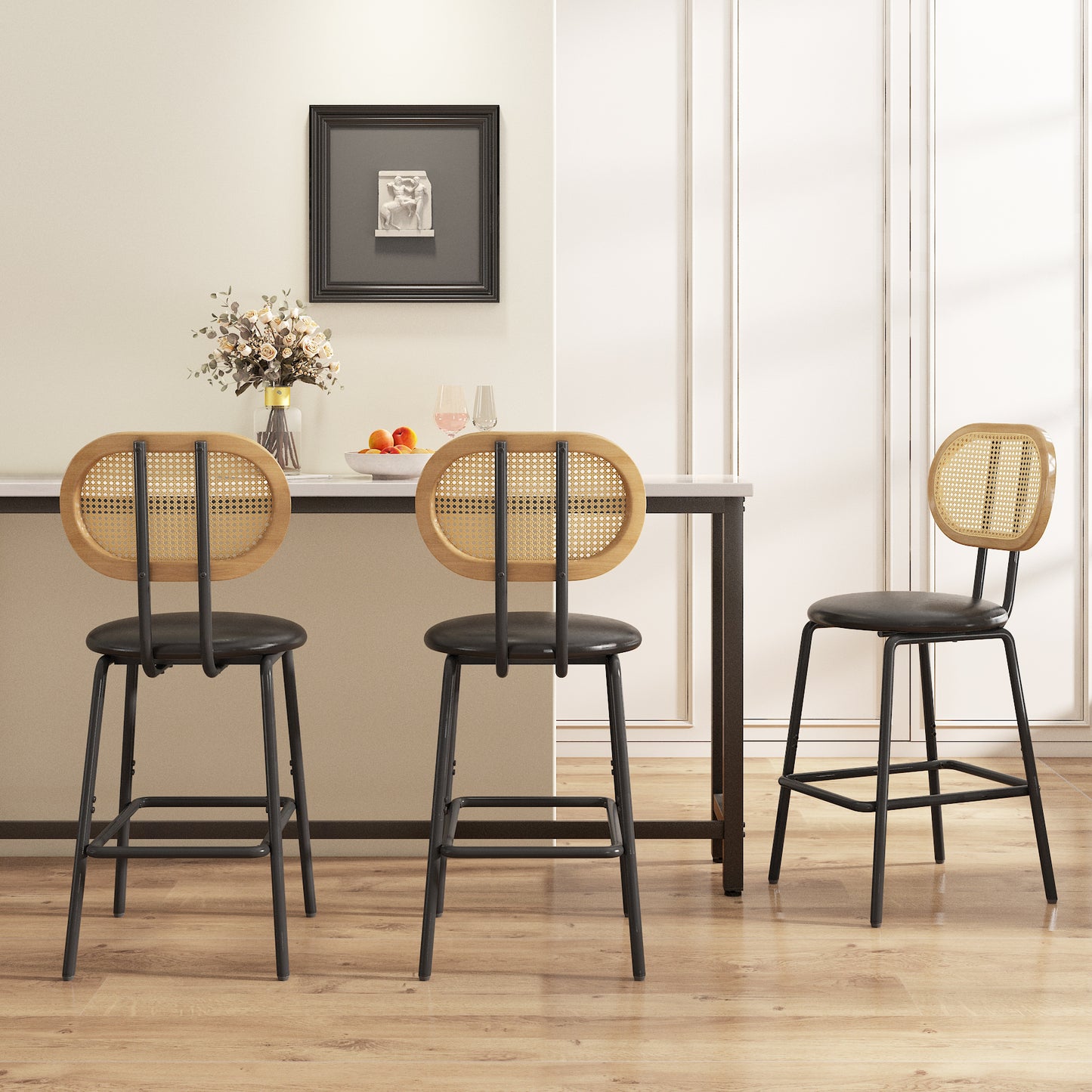 Rattan Bar Stool Set of 2 Indoor Leather Counter Height Chairs with Metal Legs and Rattan Backrest for Kitchen Island Dining