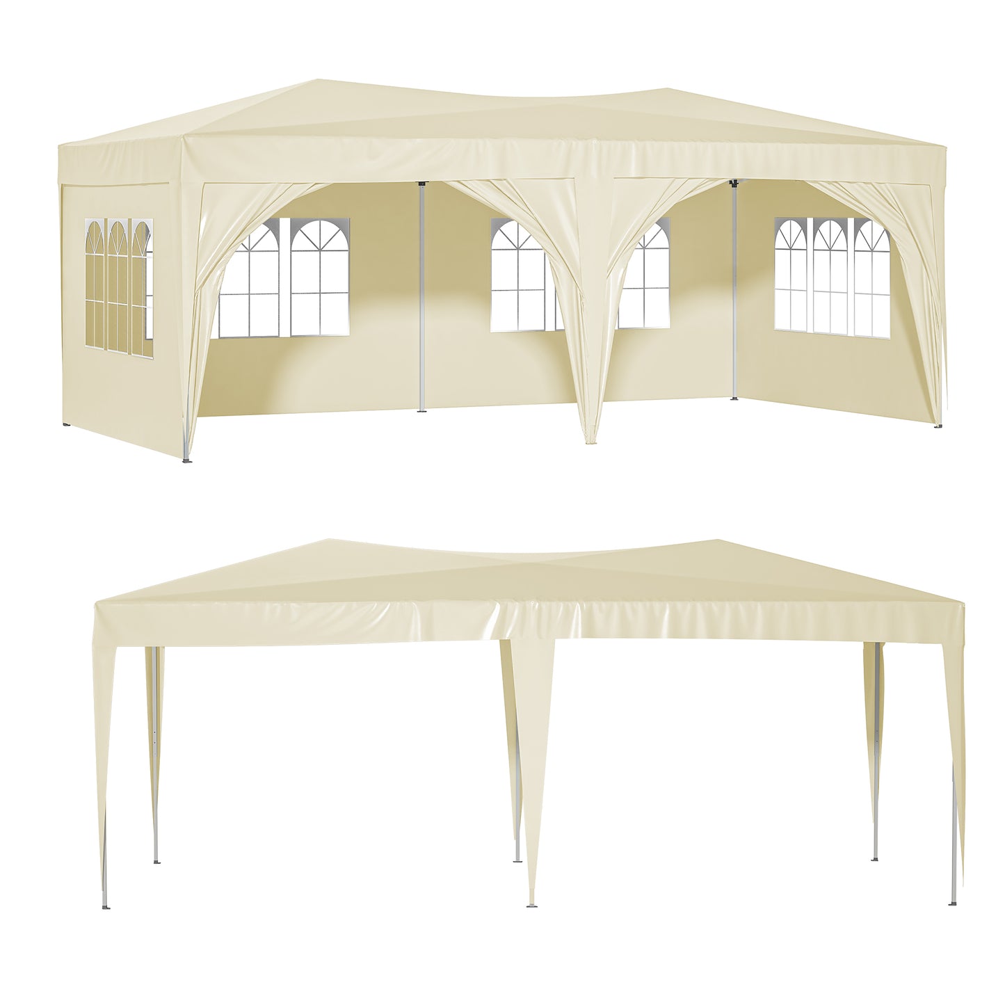 10x20 Beige Pop Up Canopy Tent with 6 Sidewalls Waterproof Commercial Outdoor Shelter Adjustable Heights Carry Bag Sand Bags, Ropes,Stakes