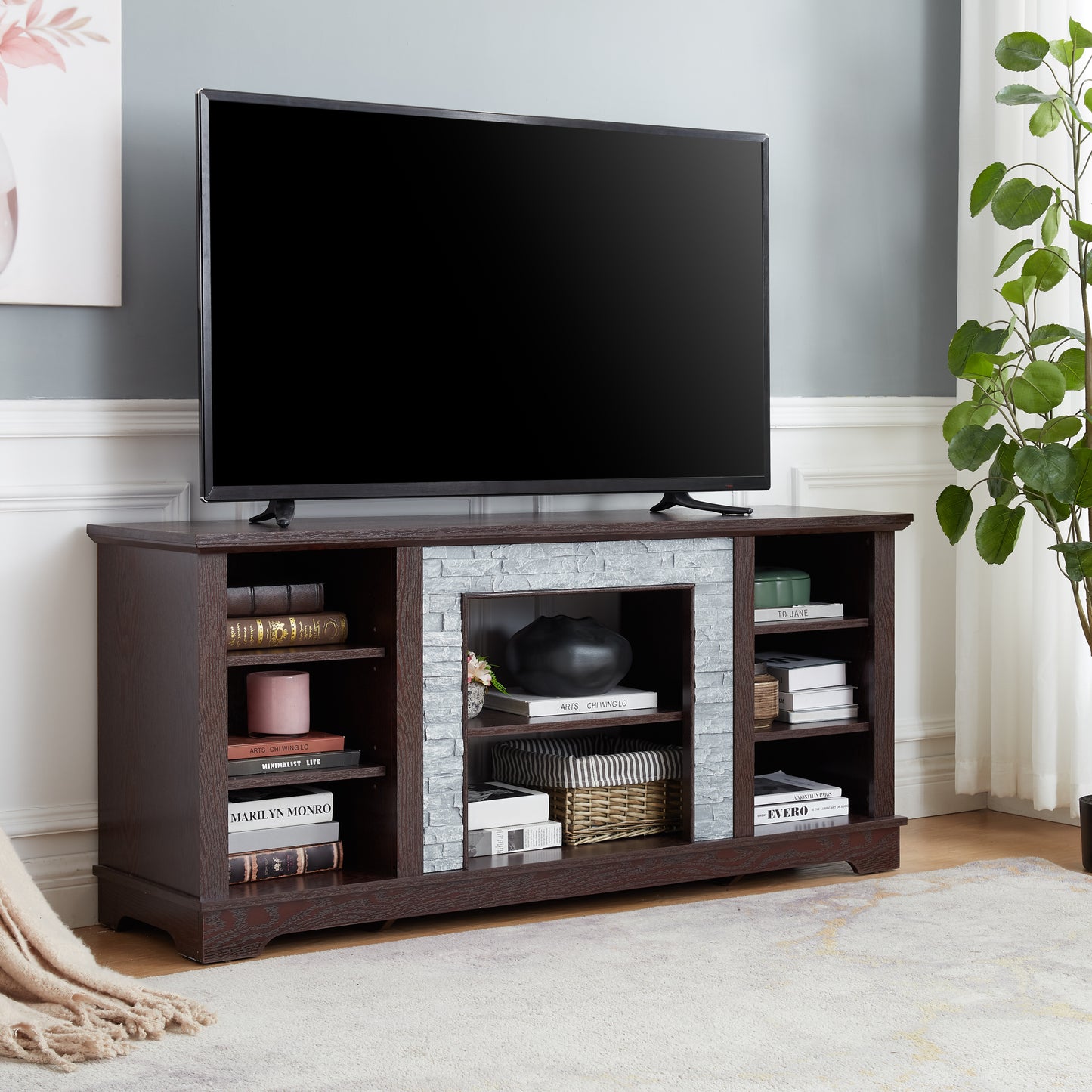 TV Media Stand with with Faux Stacked Stone Surround, Modern Entertainment Console with Open Storage Space, Cherry, 58.31"W*15.39"D*26.06"H