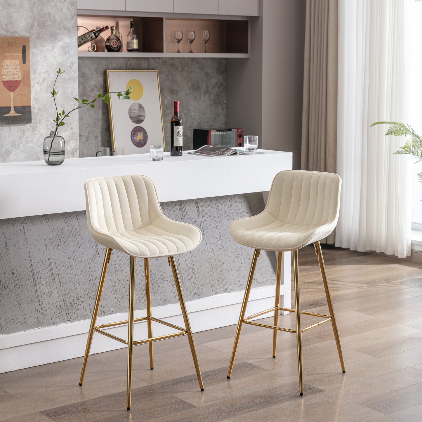 30 Inch Set of 2 Velvet Bar Stools with Chrome Footrest Golden Legs Simple High Counter Stool Cream