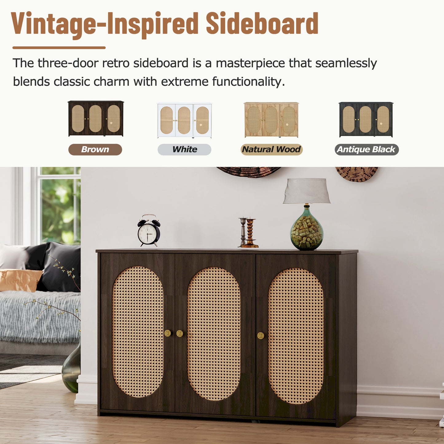 Retro 3-Door Accent Cabinet with Rattan Doors and Metal Handles for Living Room and Hallway Storage Brown