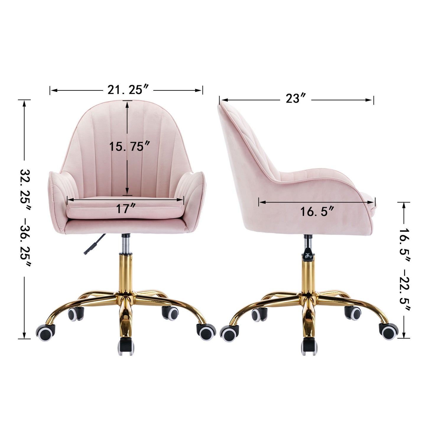 Velvet Home Office Chair with Wheels Adjustable Height Pink Cute Chair with Gold Metal Base for Living Room Bedroom Vanity Room