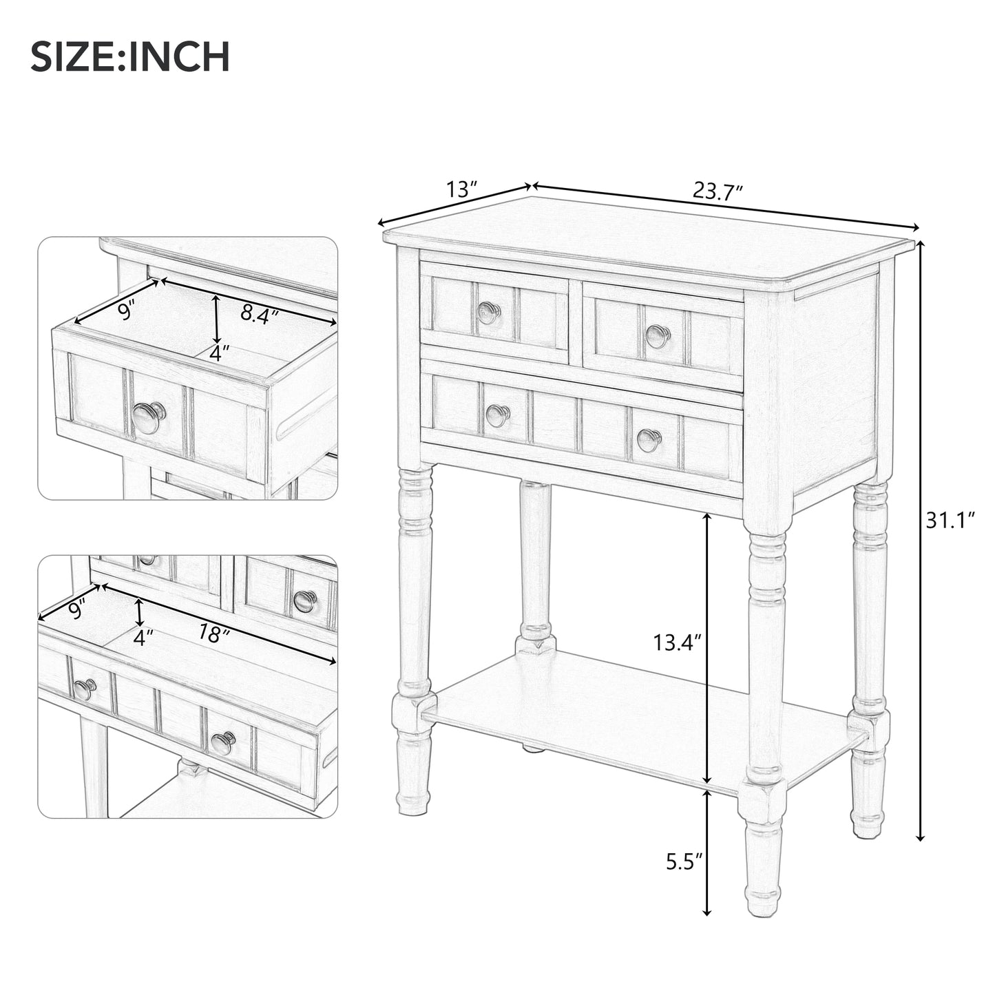 Narrow Console Table, Slim Sofa Table with Three Storage Drawers and Bottom Shelf for Living Room, Easy Assembly (Gray Wash)