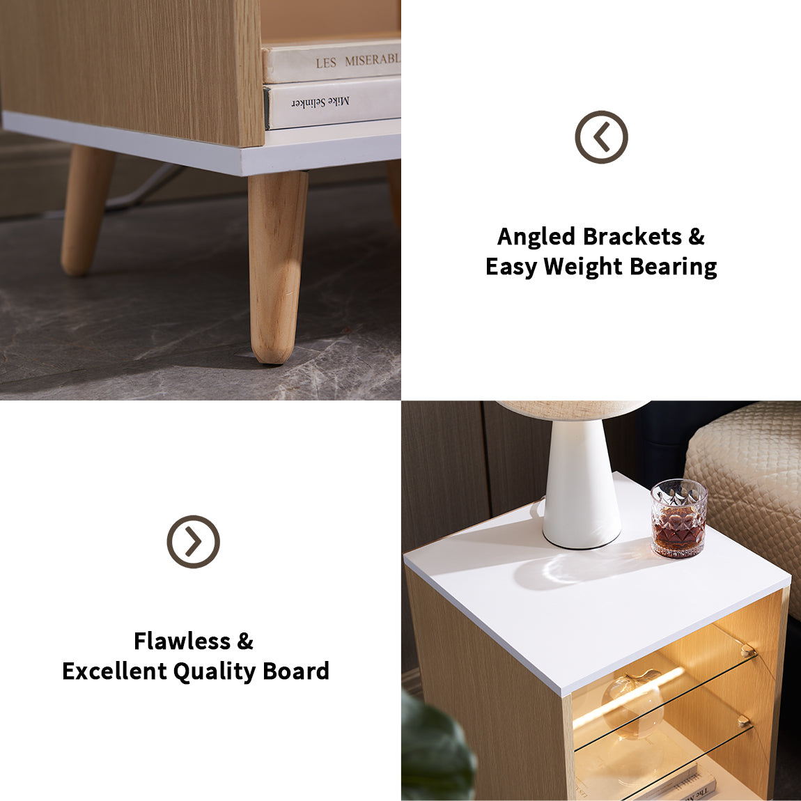 LED Nightstand with 2 Glass Shelves Modern Bedside Table Adjustable Brightness 3 Color LED Lighting Natural Wood for Bedroom Living Room