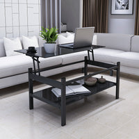 Modern Glass Lift Top Coffee Table with 2-Layer Design for Living Room Black Tempered Glass