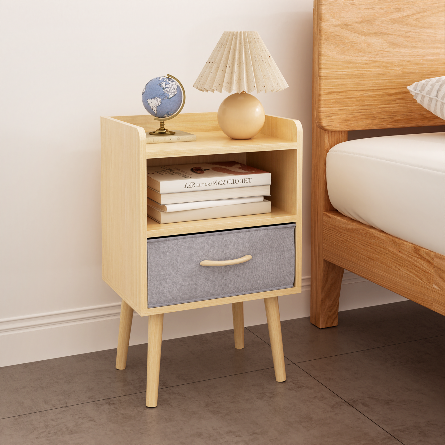 Collapsible Fabric Drawer Nightstand 2-Tier Storage End Table Wood Side Table with Storage Cabinet for Kids and Adults Oak