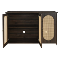 Retro 3-Door Accent Cabinet with Rattan Doors and Metal Handles for Living Room and Hallway Storage Brown