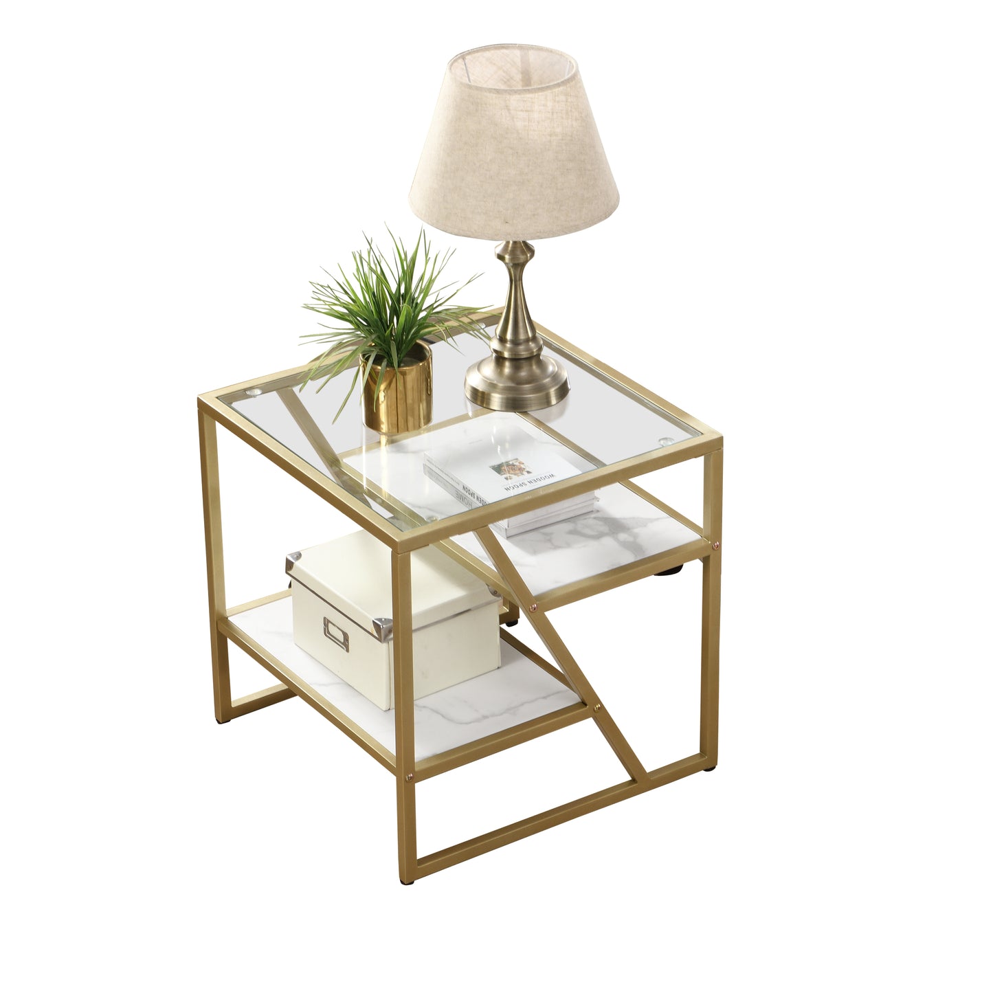 Golden Side Table with Storage Shelf Tempered Glass Top Metal Frame for Living Room and Bedroom