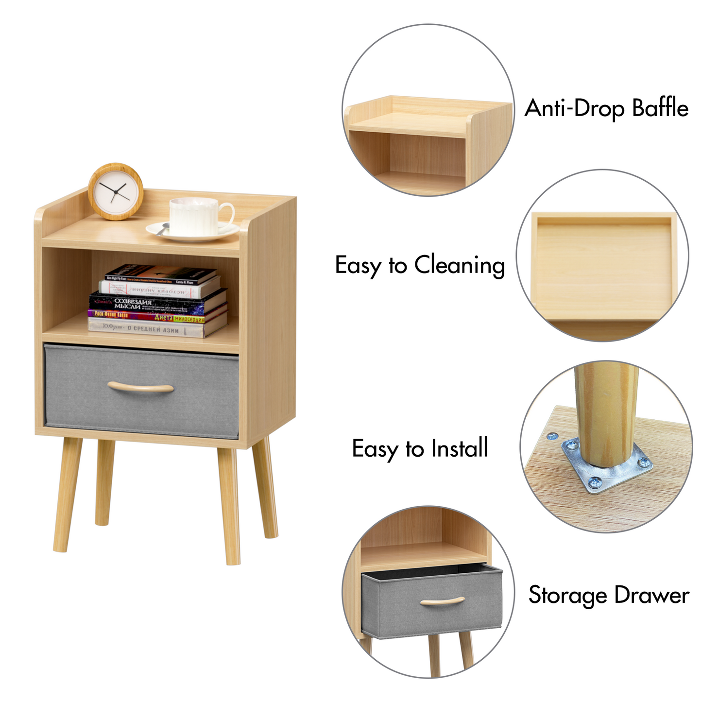 Collapsible Fabric Drawer Nightstand 2-Tier Storage End Table Wood Side Table with Storage Cabinet for Kids and Adults Oak