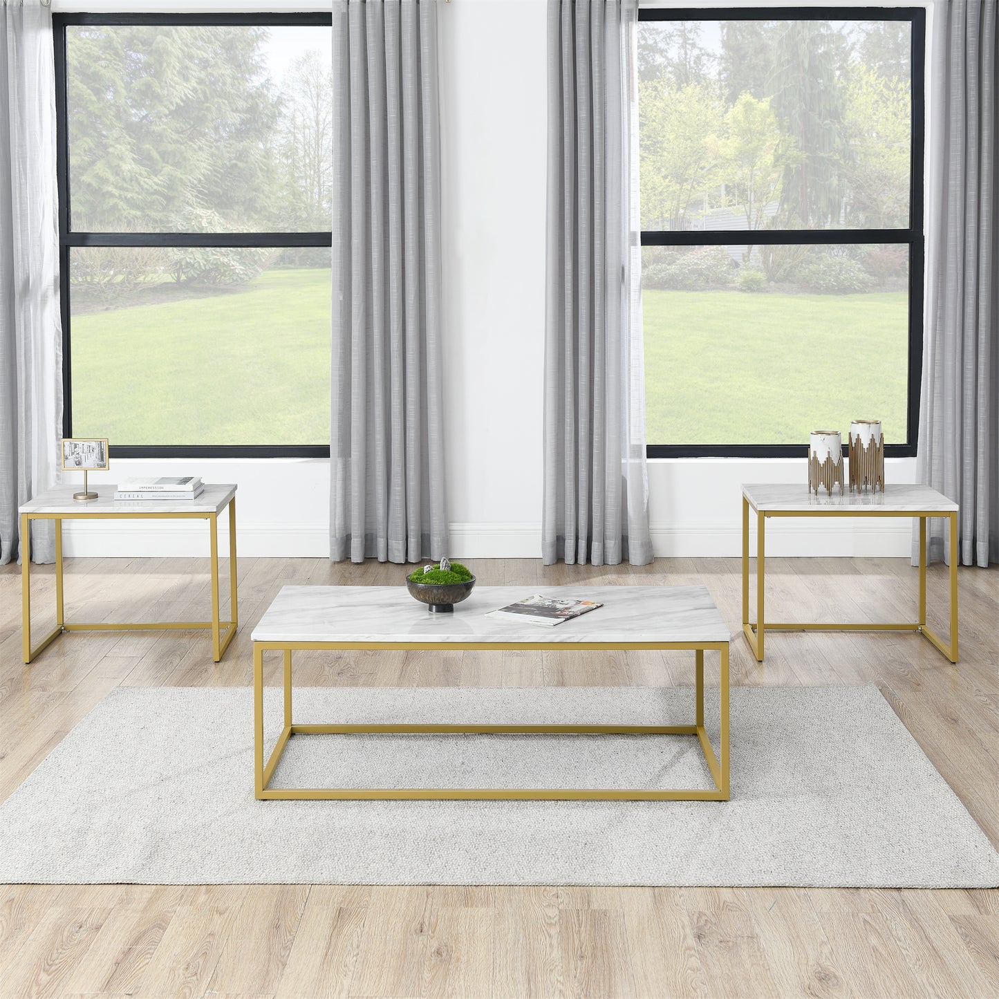 White Faux Marble Coffee Table Set Modern Design with 2 Side Tables for Living Room and Office White Gold Finish