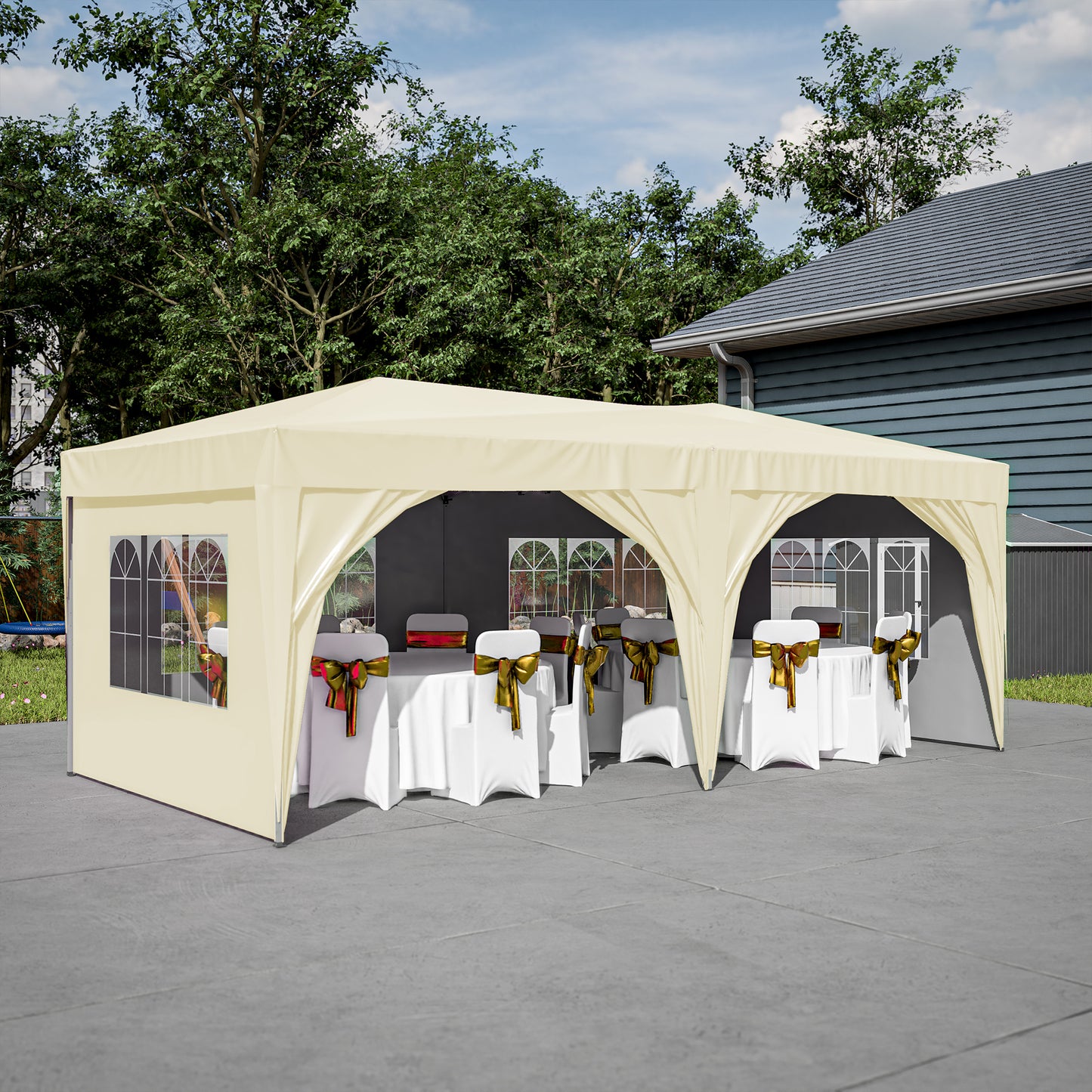 10x20 Beige Pop Up Canopy Tent with 6 Sidewalls Waterproof Commercial Outdoor Shelter Adjustable Heights Carry Bag Sand Bags, Ropes,Stakes