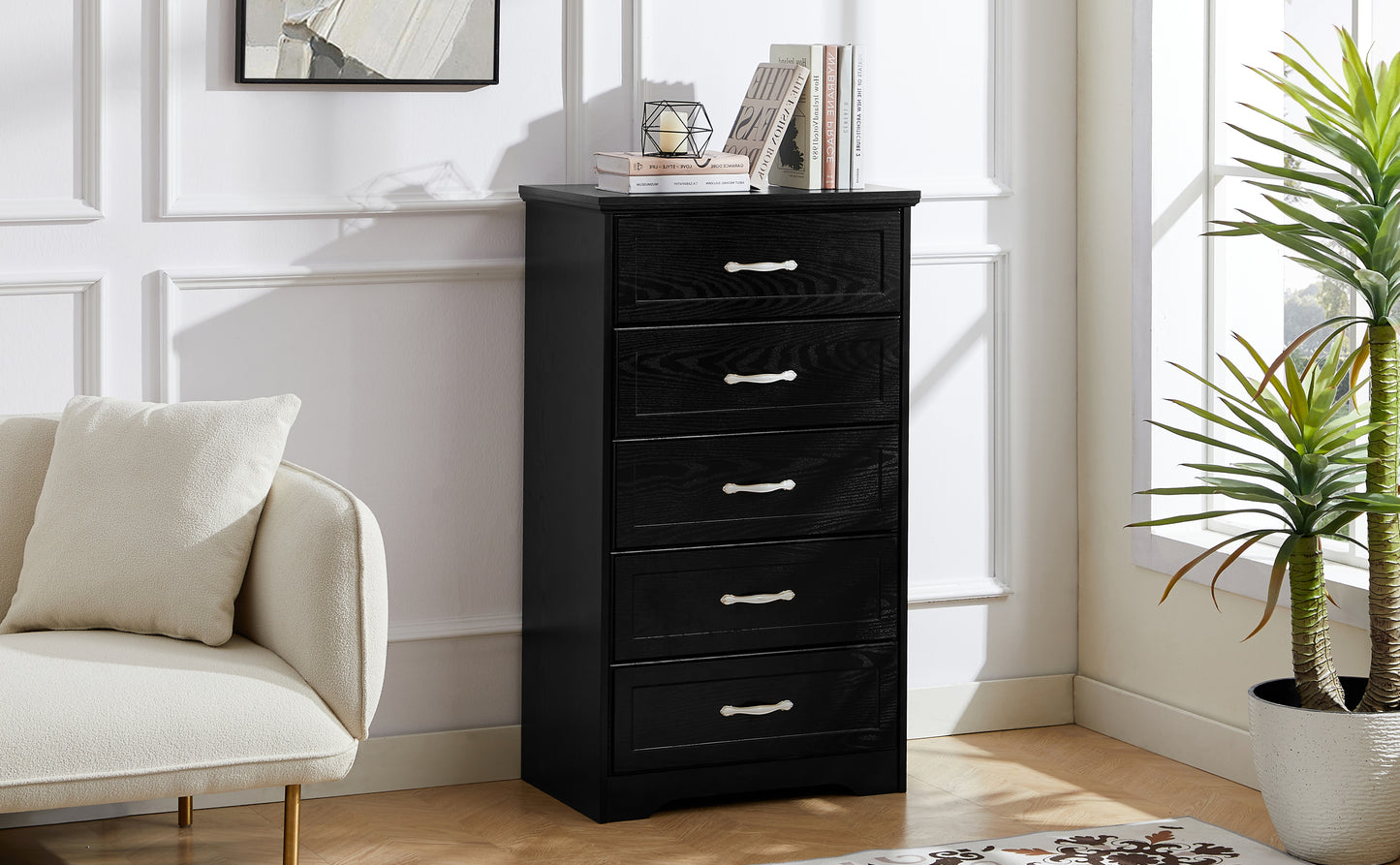 Modern 5 Tier Chest of Drawers with Metal Pulls for Bedroom Living Room Organizer Black 25.2L x 15.8W x 43.5H