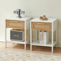 Set of 2 Rattan End Tables with Drawer Modern Nightstand Metal Legs Side Table for Living Room Bedroom White 15.74 Inch