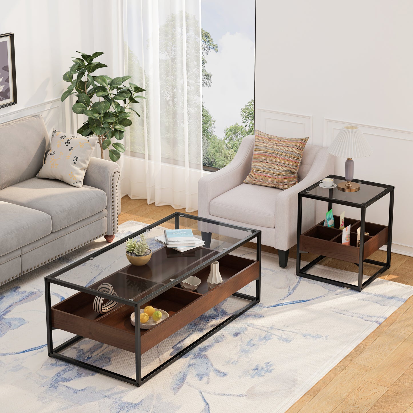 Rectangle Glass Coffee Table with Storage Shelf Metal Legs Modern Living Room Furniture 47.24 Inch