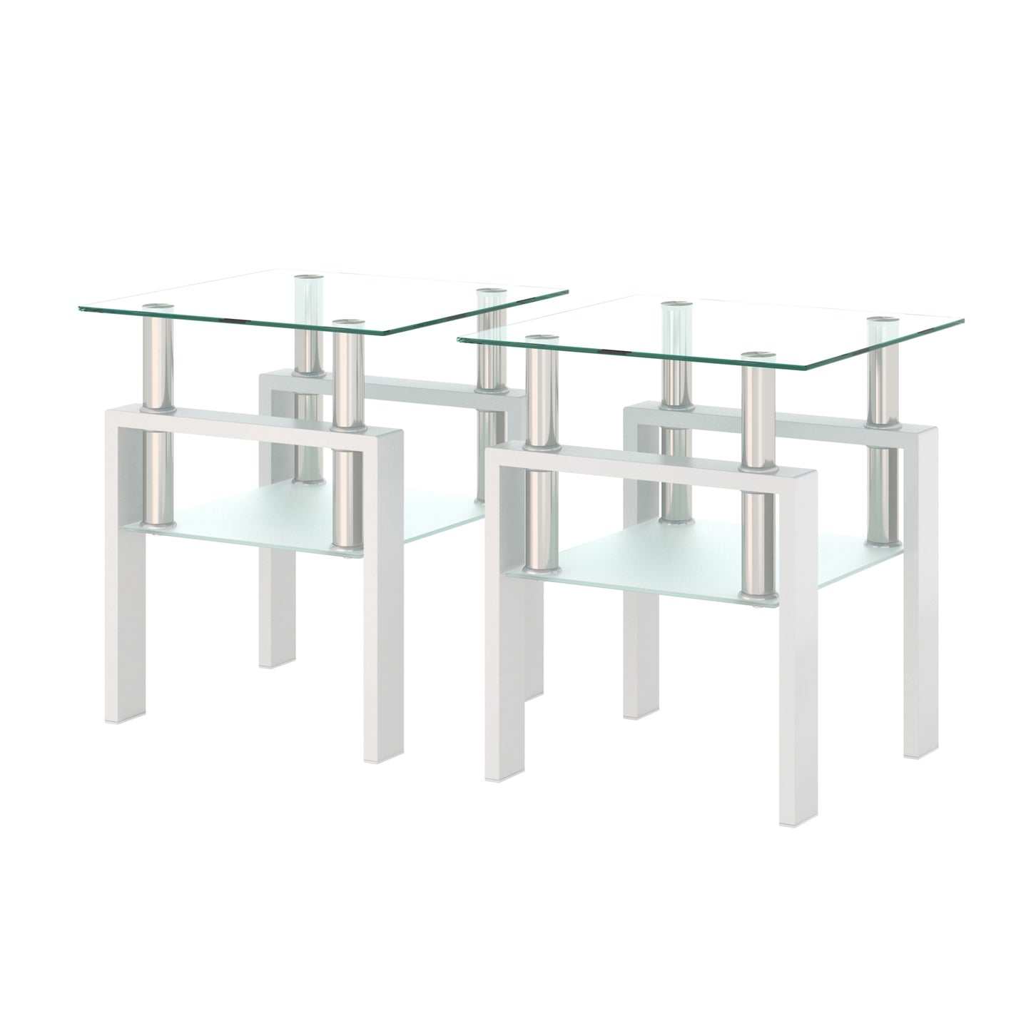 Set of 2, Modern Tempered Glass Tea Table Coffee Table End Table, Square Table for Living Room, Transparent/White