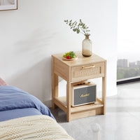 15.75 Inch Rattan End Table with Drawer Modern Nightstand Side Table for Living Room Bedroom Natural Design