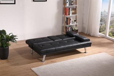 Black Leather Multifunctional Double Folding Sofa Bed with Coffee Table Ideal for Office and Living Room Space Saving Design