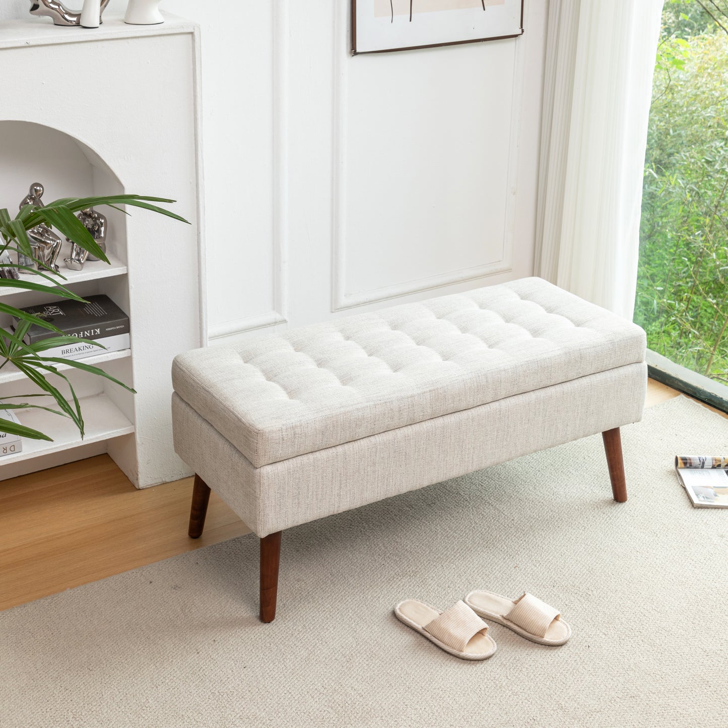 Off White Storage Bench for Bedroom or Entryway 43.7 Inch Ottoman Foot of Bed Seating Solution