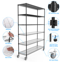 6 Tier Heavy Duty Wire Shelving Unit 6000 LBS Capacity Adjustable Metal Garage Storage Shelves with Wheels Black