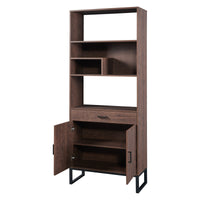 Tall Walnut Finish Open Bookshelf with LED Lights and Storage Drawer for Living Room and Office