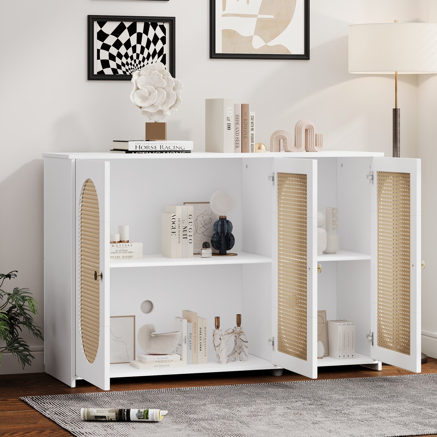 Retro 3-Door Accent Cabinet with Rattan Doors and Metal Handles for Living Room and Hallway Storage White