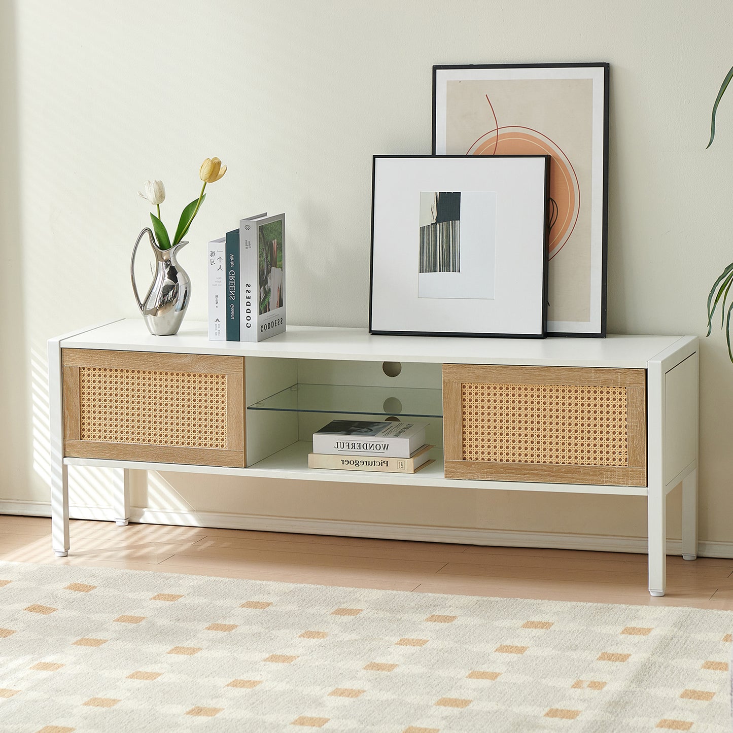 Rattan TV Cabinet with Color Changing Light Strip Double Sliding Doors Adjustable Shelf Metal Legs for Living Room White