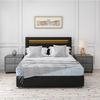 Black Queen Size Bed Frame with LED Lights USB Charging Station and Storage Drawers