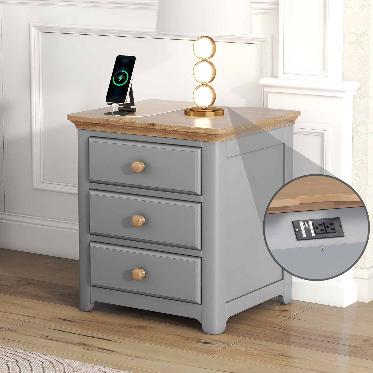 Wooden Nightstand with USB Charging Ports Three Drawers End Table for Bedroom Gray Natural Finish