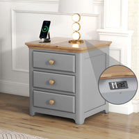 Wooden Nightstand with USB Charging Ports Three Drawers End Table for Bedroom Gray Natural Finish