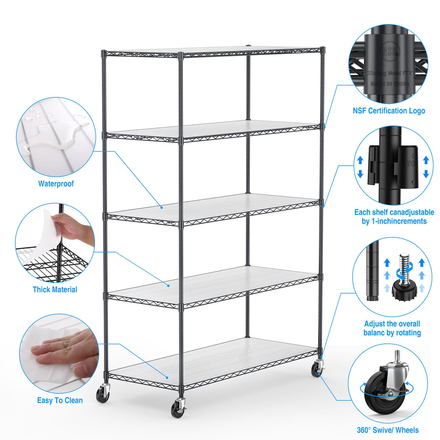 Heavy Duty 5 Tier Adjustable Storage Rack 6000lbs Metal Wire Shelving Unit with Wheels and Shelf Liners 82H x 48L x 24D Black