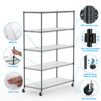 Heavy Duty 5 Tier Adjustable Storage Rack 6000lbs Metal Wire Shelving Unit with Wheels and Shelf Liners 82H x 48L x 24D Black