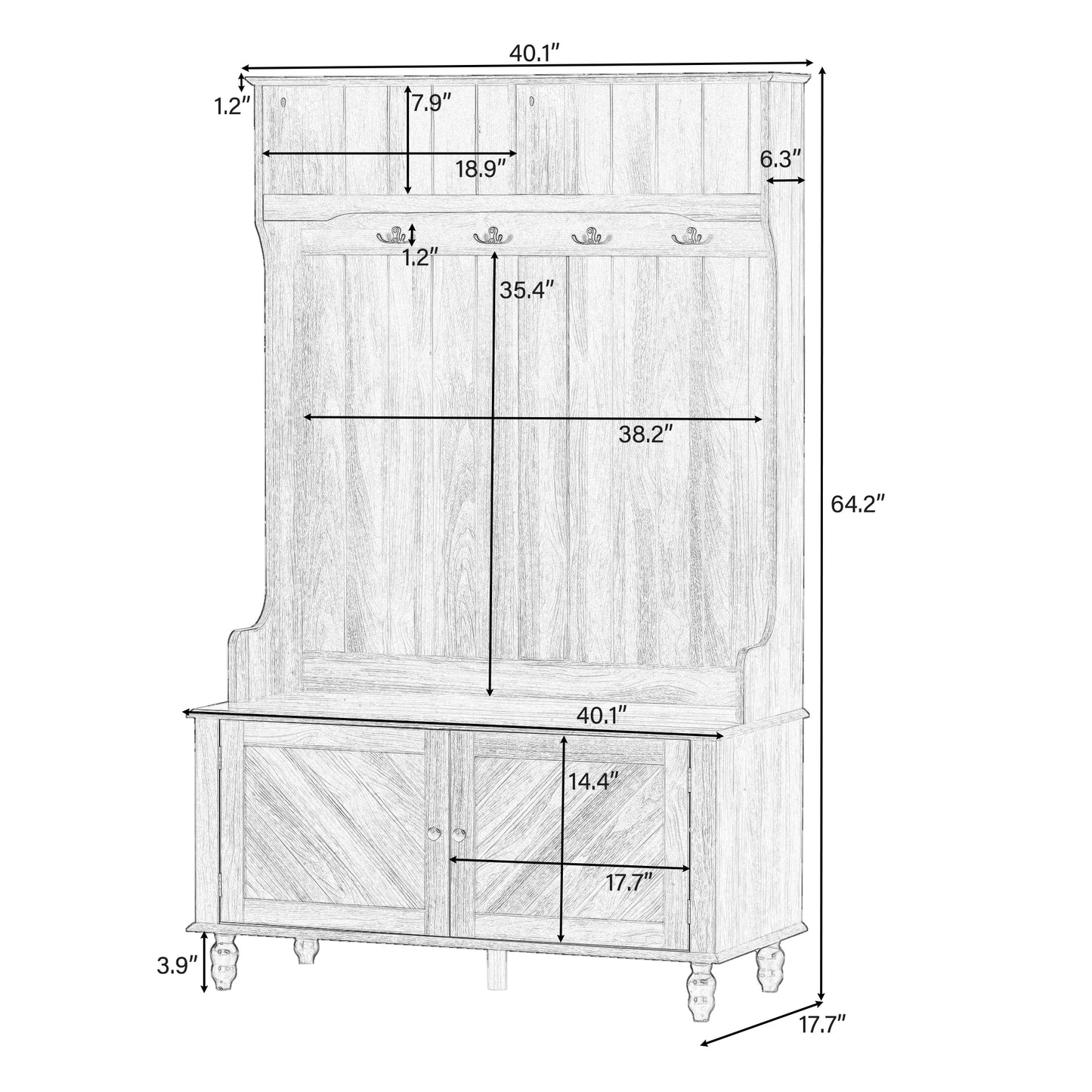 3-in-1 Entryway Hall Tree with 4 Hooks Storage Bench Coat Hanger for Hallway and Entrance 40 Inch