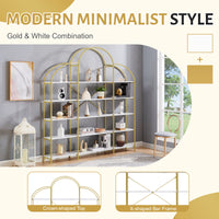 74.8 Inch 5 Tier Office Bookcase Bookshelf Display Shelf Round Top X Bar Gold Frame Modern Home Decor