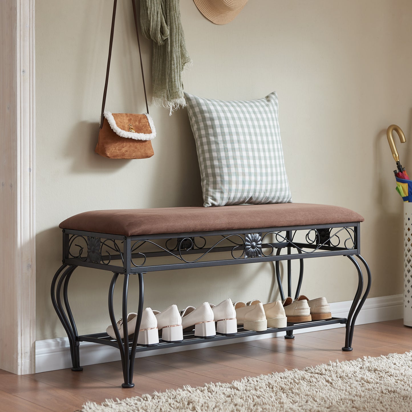 Industrial Entryway Bench with Shoe Rack Upholstered Multipurpose Storage for Small Spaces Rustic Design