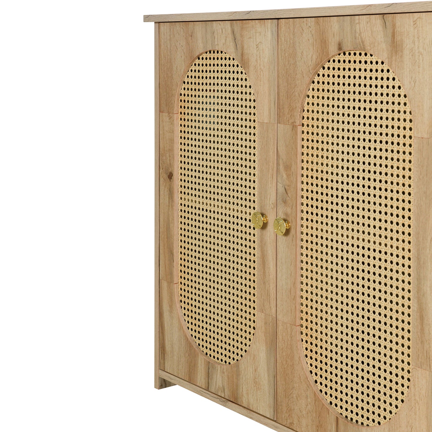 Retro 3-Door Accent Cabinet with Rattan Doors and Metal Handles Stylish Storage Solution for Living Room and Hallway Natural Wood Finish