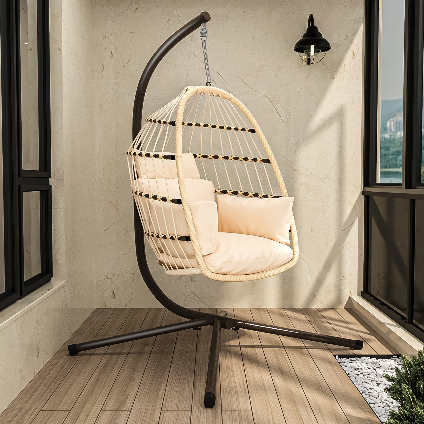 Patio Foldable Hanging Swing Chair with Stand Natural Color