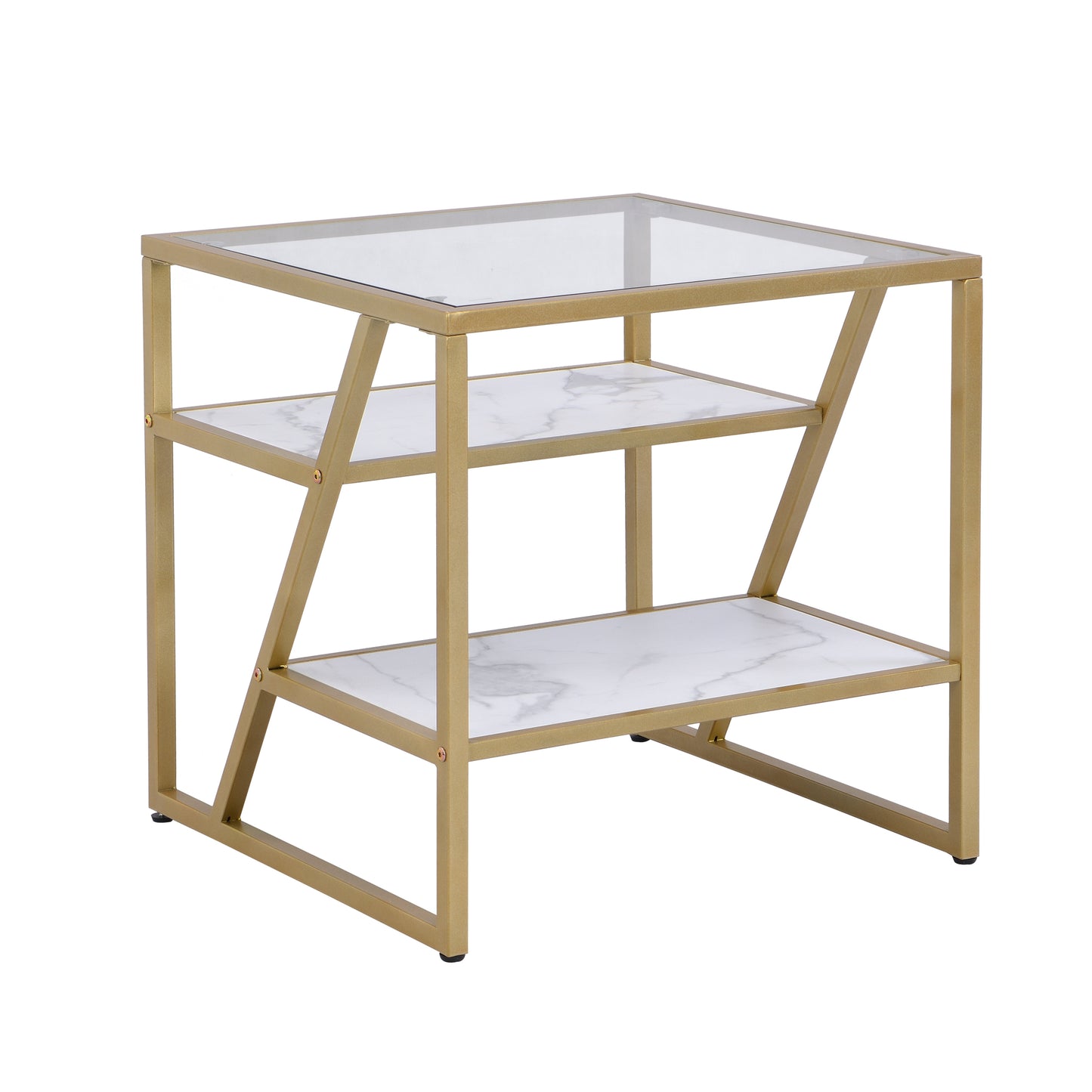 Golden Side Table with Storage Shelf Tempered Glass Top Metal Frame for Living Room and Bedroom