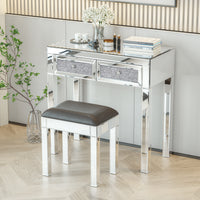 Mirrored Vanity Stool Makeup Bench PU Leather Cushioned Modern Dressing Chair for Bedroom Living Room Silver