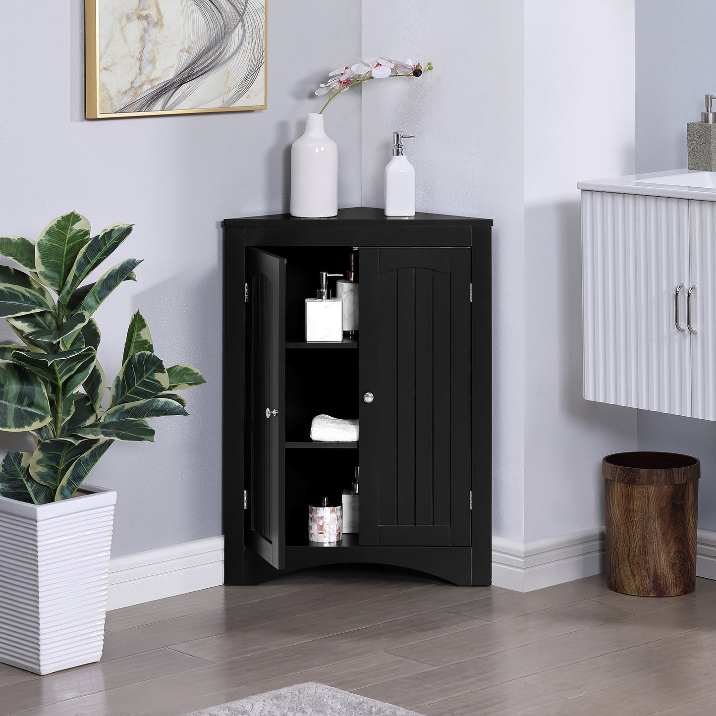 Bathroom Floor Corner Cabinet with Doors and Shelves Free Standing Storage for Kitchen Living Room Organizer